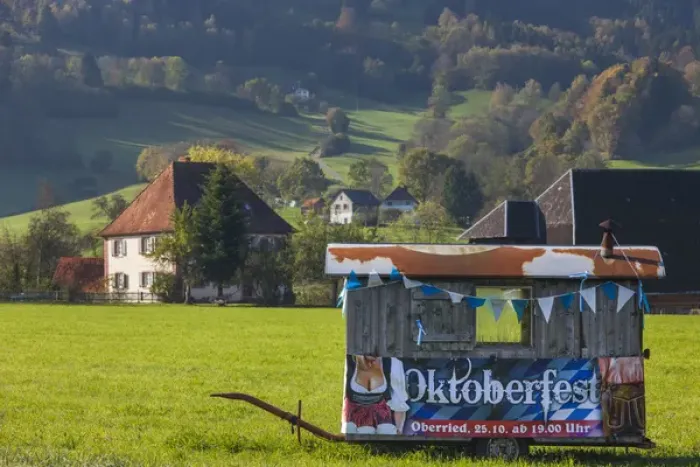 Framed Print : Germany, Baden-Wurttemburg, Black Forest, Oberried, valley view with Oktoberfest Framed Print : Germany, Baden-Wurttemburg, Black Forest, Oberried, valley view with Oktoberfest