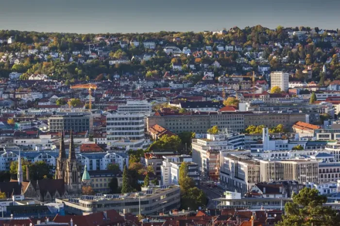 Framed Print : Germany, Baden-Wurttemburg, Stuttgart, elevated city view from Route 27, late afternoon Framed Print : Germany, Baden-Wurttemburg, Stuttgart, elevated city view from Route 27, late afternoon