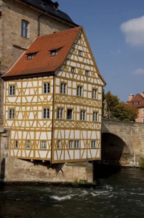 Framed Print : Germany, Bamberg. Historic 14th century Old Town Hall, built on the river Regnitz