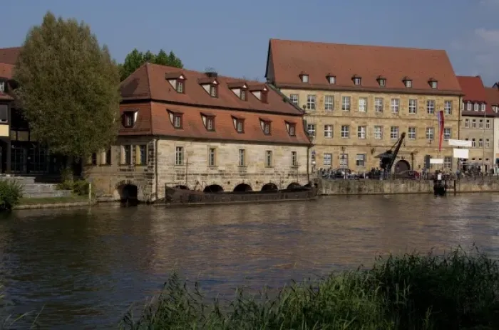 Framed Print : Germany, Bamberg. Historic buildings along the Regnitz River