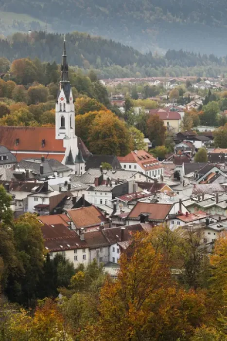 Framed Print : Germany, Bavaria, Bad Tolz, elevated town view from the Kalvarienberg, morning, fall Framed Print : Germany, Bavaria, Bad Tolz, elevated town view from the Kalvarienberg, morning, fall