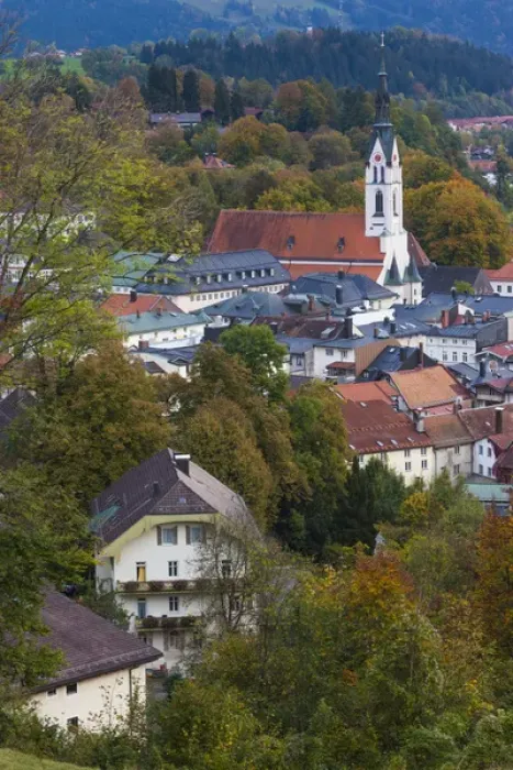 Framed Print : Germany, Bavaria, Bad Tolz, elevated town view from the Kalvarienberg, dusk Framed Print : Germany, Bavaria, Bad Tolz, elevated town view from the Kalvarienberg, dusk