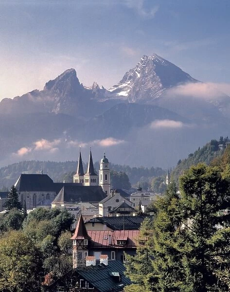 Germany, Bavaria, Berchtesgaden. The Watzmann stands above the town of Berchtesgaden in Bavaria