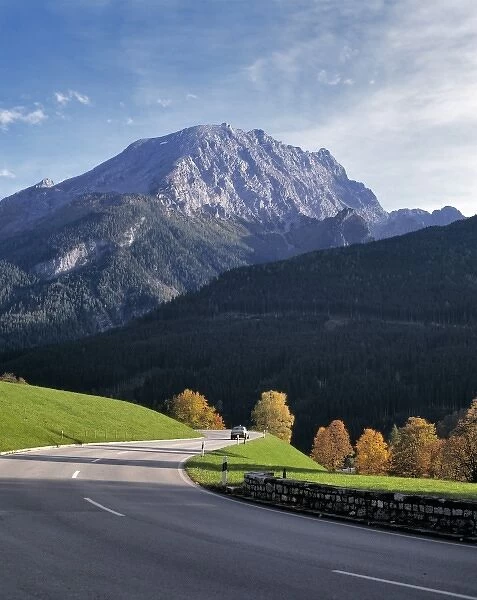 Germany, Bavaria, Berchtesgaden. Dense forests line the Deutscher Alpenstrasse as
