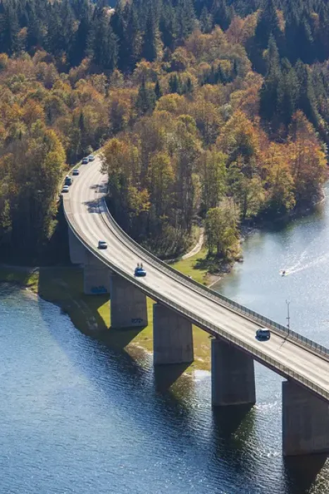 Framed Print : Germany, Bavaria, Fall, Fallerklamm Bridge over the Sylvenstein Lake, elevated view, fall Framed Print : Germany, Bavaria, Fall, Fallerklamm Bridge over the Sylvenstein Lake, elevated view, fall