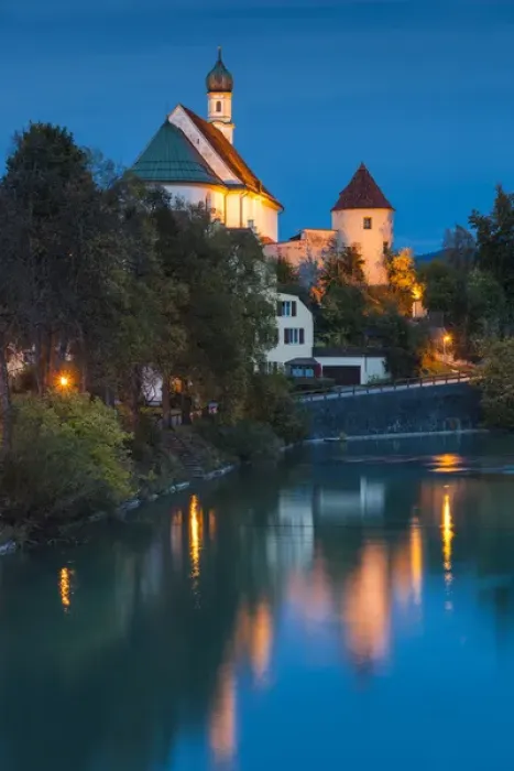 Framed Print : Germany, Bavaria, Fussen, Franciscan Abbey church and Lech River, evening