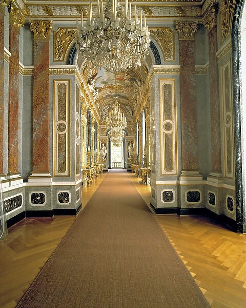 Germany, Bavaria, Herrenchiemsee Castle. Delicate chandeliers line the hallway at