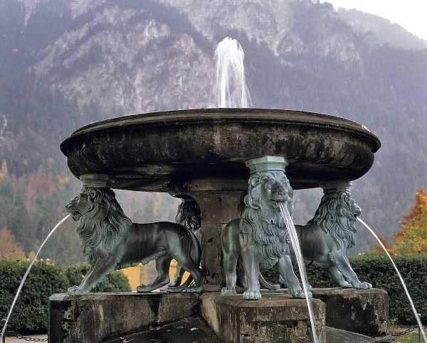 Germany, Bavaria, Hohenschwangau Castle. Water flows from this Lion Fountain at the