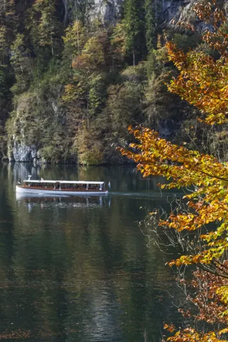 Framed Print : Germany, Bavaria, Konigsee, electrically powered lake tour boats, fall Framed Print : Germany, Bavaria, Konigsee, electrically powered lake tour boats, fall