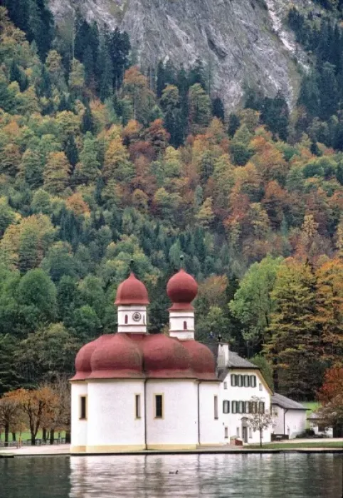 Framed Print : Germany, Bavaria, Konigsee. The quaint Chapel of St. Bartholoma is nestled in a maple