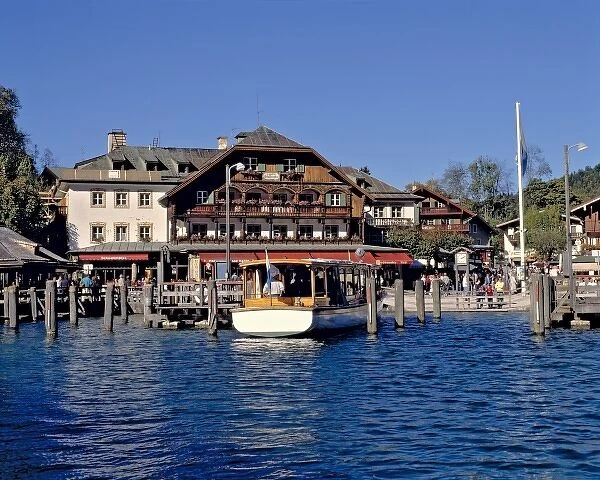 Germany, Bavaria, Konigsee. A quaint hotel marks the end of the boat ride down the