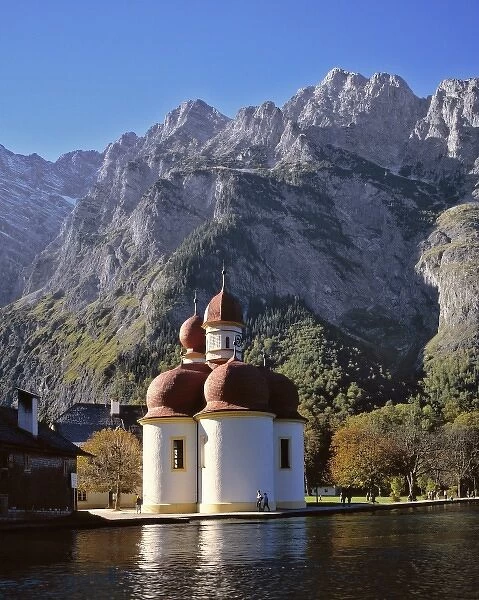 Germany, Bavaria, Konigsee. The quaint little church of St. Bartholoma is a popular