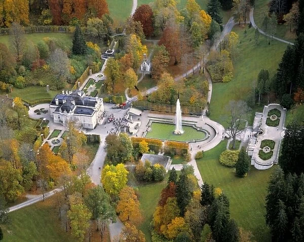 Germany, Bavaria, Linderhof Castle. An aerial view of Linderhof Castle highlights