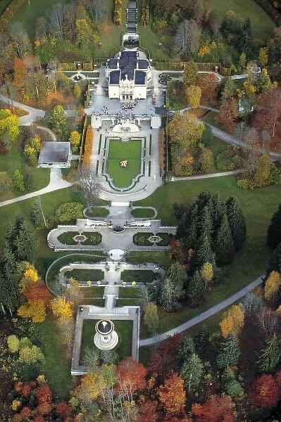 Germany, Bavaria, Linderhof Castle. An aerial view of Linderhof Castle shows the intricate gardens
