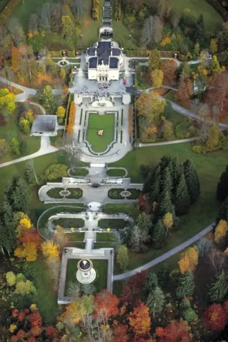 Framed Print : Germany, Bavaria, Linderhof Castle. An aerial view of Linderhof Castle shows the intricate gardens Framed Print : Germany, Bavaria, Linderhof Castle. An aerial view of Linderhof Castle shows the intricate gardens