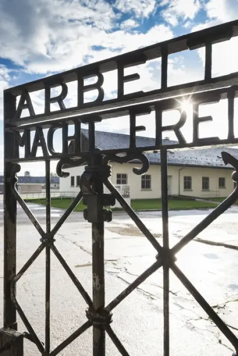 Framed Print : Germany, Bavaria, Munich-Dachau, WW-2 era Nazi concentration camp, entrance gate