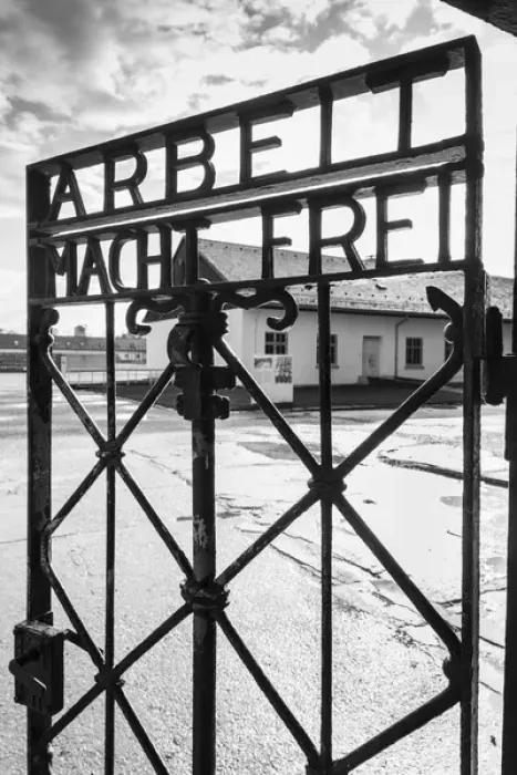 Framed Print : Germany, Bavaria, Munich-Dachau, WW-2 era Nazi concentration camp, entrance gate