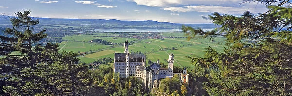 Germany, Bavaria, Neuschwanstein Castle. An overview of Neuschwanstein Castle shows farmlands