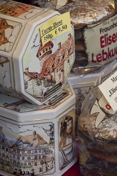 Germany, Bavaria, Nuremberg. German cookie sanck tins with Imperial Castle (aka Kaiserburg)