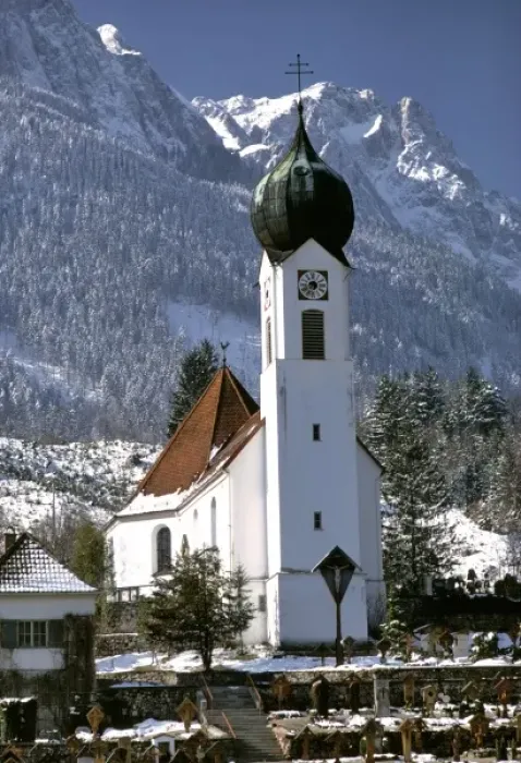 Framed Print : Germany, Bavaria, Obergrainau. Snow covers the mountains behind the church at Obergrainau Framed Print : Germany, Bavaria, Obergrainau. Snow covers the mountains behind the church at Obergrainau
