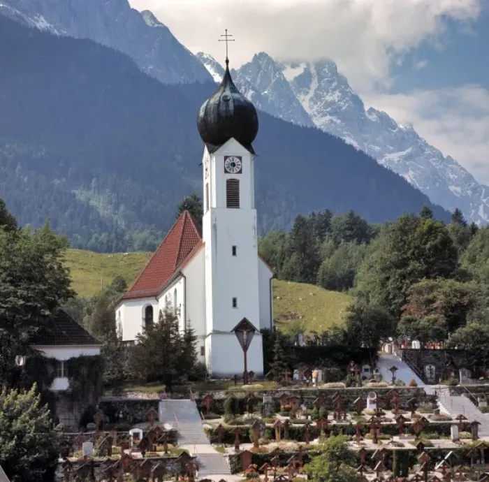 Framed Print : Germany, Bavaria, Obergrainau. Well-tended grave sites mark the entrance to the church