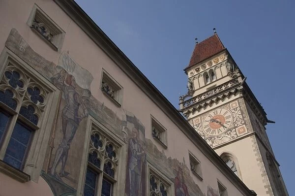 Germany, Bavaria, Passau. 14th century Gothic Town Hall clock tower & exterior wall frescoes