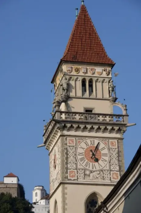 Framed Print : Germany, Bavaria, Passau. 14th century Gothic Old Town Hall clock tower Framed Print : Germany, Bavaria, Passau. 14th century Gothic Old Town Hall clock tower