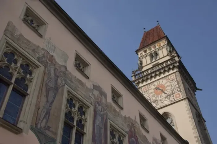 Framed Print : Germany, Bavaria, Passau. 14th century Gothic Town Hall clock tower & exterior wall frescoes