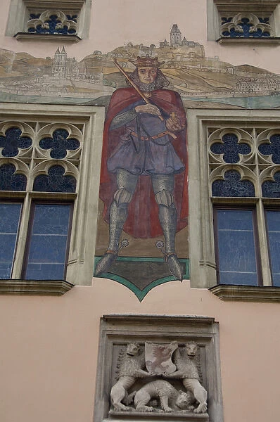 Germany, Bavaria, Passau. Exterior wall paintings on the historic 14th cenutry Gothic