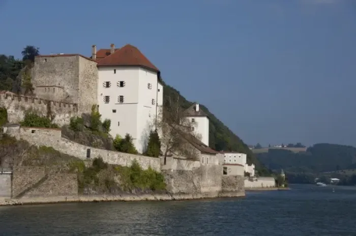 Framed Print : Germany, Bavaria, Passau. Historic Veste Niederhaus, at the confluence of the Danube & Ilz rivers