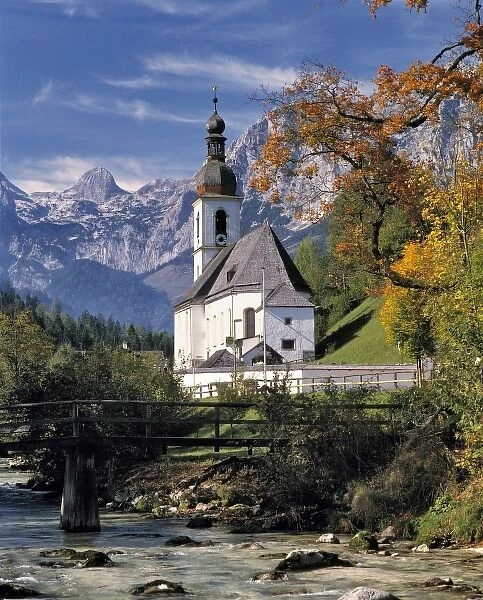 Germany, Bavaria, Ramsau. The Ramsauer Ache flows by the church, or Kunterwegkirche