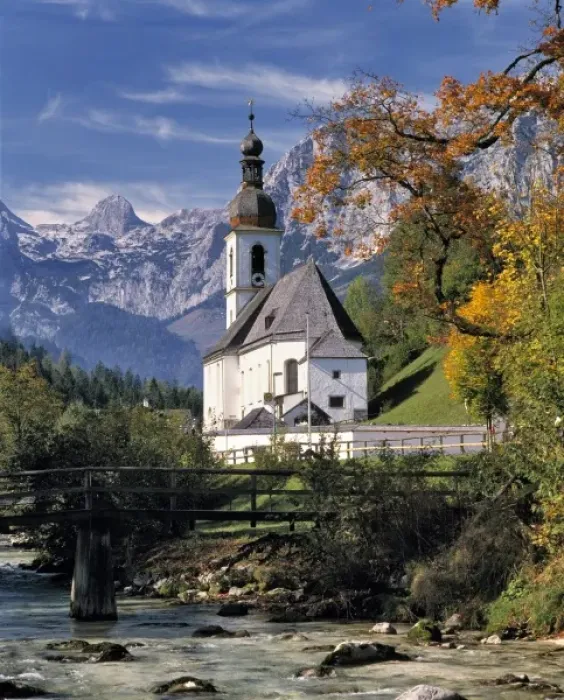 Framed Print : Germany, Bavaria, Ramsau. The Ramsauer Ache flows by the church, or Kunterwegkirche