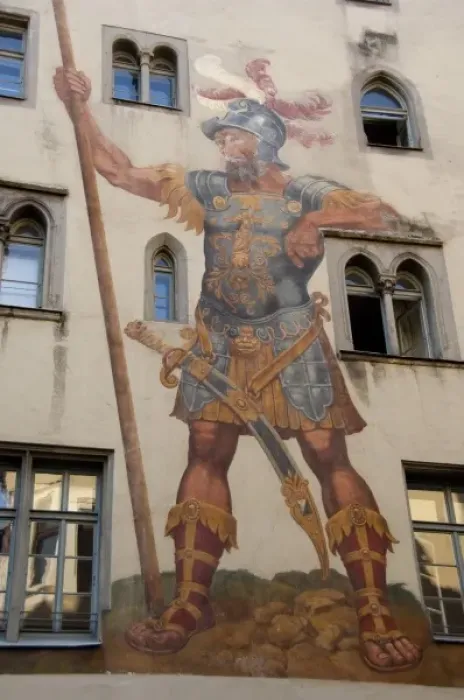 Framed Print : Germany, Bavaria, Regensburg. Historic 13th century frescos on the David & Goliath House Framed Print : Germany, Bavaria, Regensburg. Historic 13th century frescos on the David & Goliath House