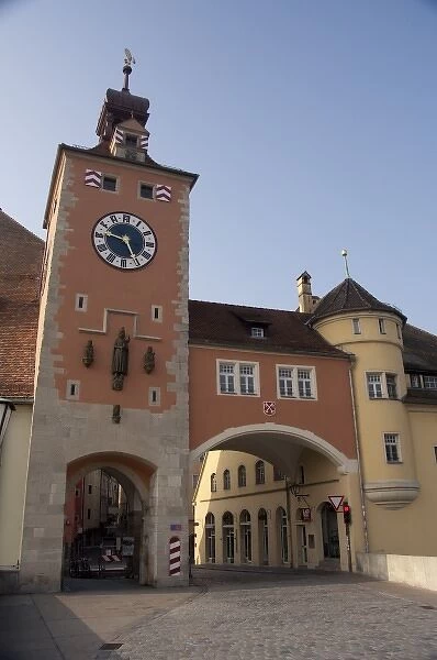 Germany, Bavaria, Regensburg. Historic Salt House & clock tower