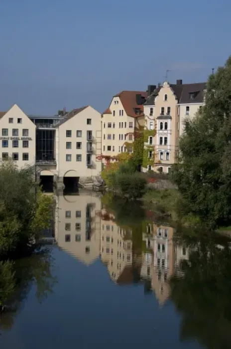 Framed Print : Germany, Bavaria, Regensburg. Sorat Insel Hotel & apartments along the Danube River at Regensburg