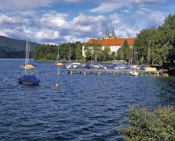 Germany, Bavaria, Tegernsee. Boats are secured in a marina near the Imperial Abbey