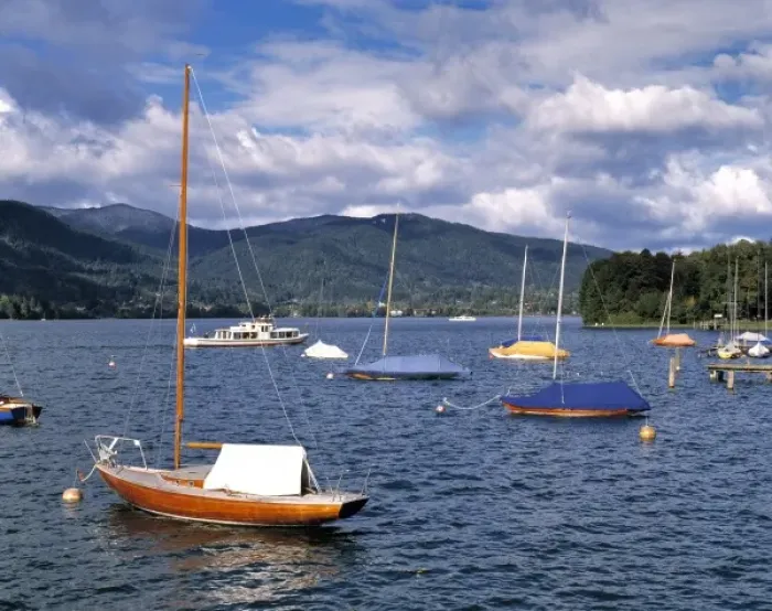 Framed Print : Germany, Bavaria, Tegernsee. Small ferries connect villages on the Tegernsee in Bavaria, Germany