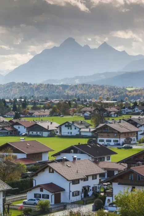 Framed Print : Germany, Bavaria, Vorderriss, elevated town view with Alps Framed Print : Germany, Bavaria, Vorderriss, elevated town view with Alps