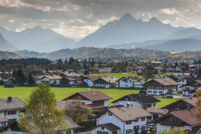 Framed Print : Germany, Bavaria, Vorderriss, elevated town view with Alps Framed Print : Germany, Bavaria, Vorderriss, elevated town view with Alps