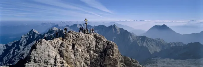 Framed Print : Germany, Bavaria, Zugspitze. Hikers enjoy an inspiring view to the Tirol from