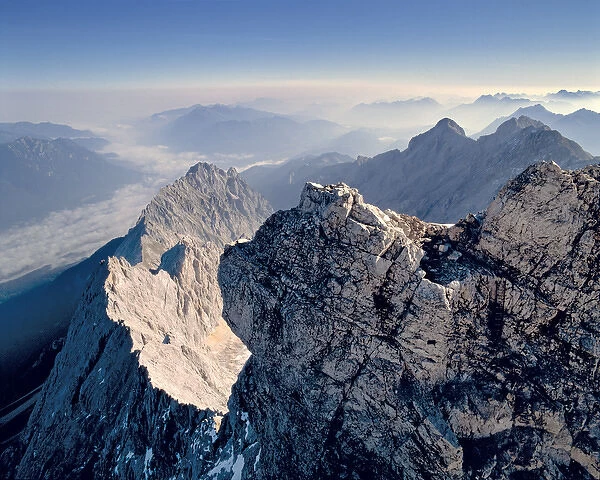 Germany, Bavaria, Zugspitze. Jagged mountain ridges fan out from the Zugspitze in the Bavarian Alps