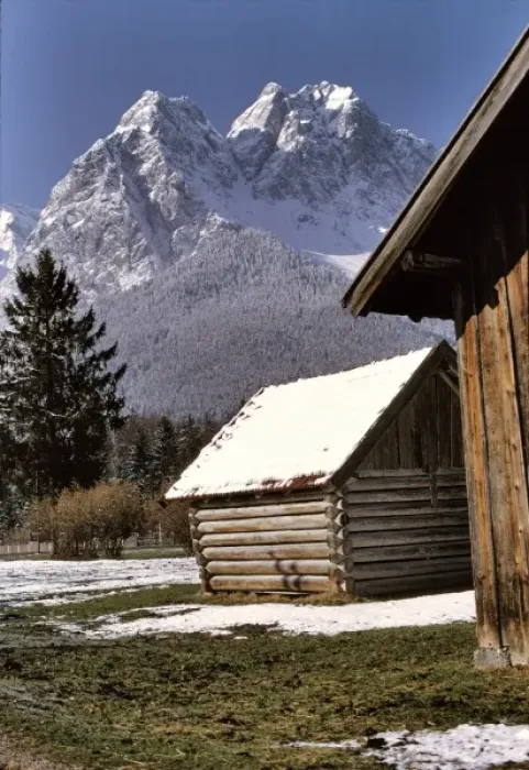 Framed Print : Germany, Bavaria, Zugspitze. A light snow covers the roofs of hay barns near Framed Print : Germany, Bavaria, Zugspitze. A light snow covers the roofs of hay barns near