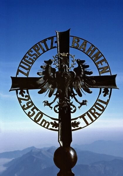 Germany, Bavaria, Zugspitze. This locator cross, at the Zugspitze, marks the border between Germany