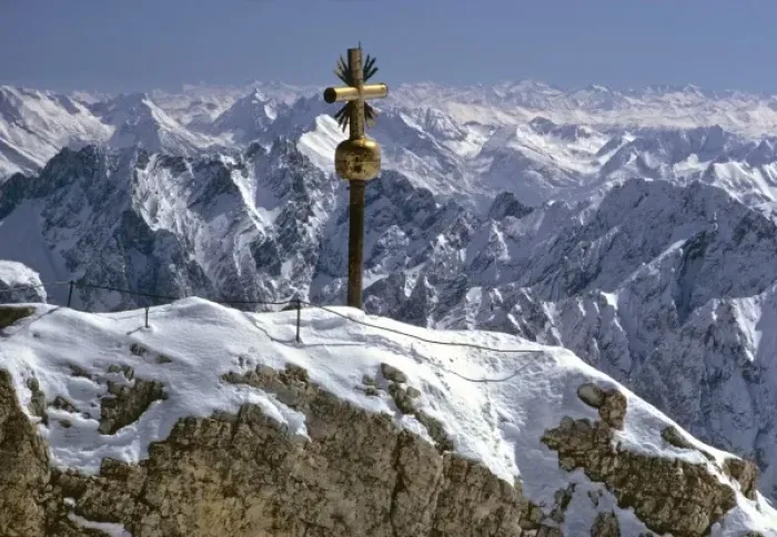 Framed Print : Germany, Bavaria, Zugspitze. Snow covers the peak of the Zugspitze near the cross