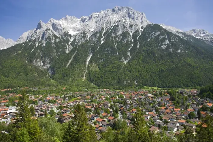Framed Print : GERMANY, Bayern-Bavaria, Mittenwald. Alpine Town with Karwendel Mountains