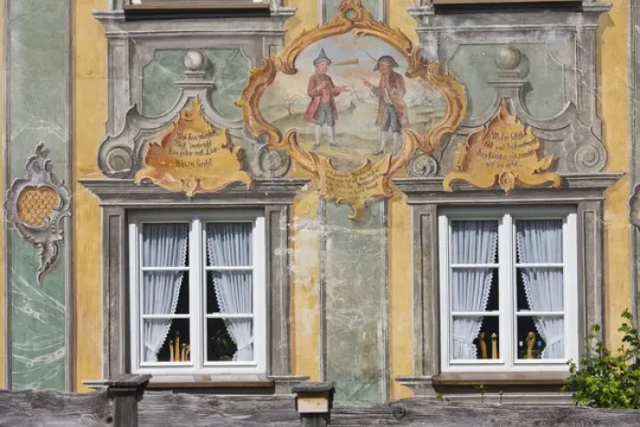 Framed Print : GERMANY, Bayern-Bavaria, Mittenwald. Sgrafito murals on buildings