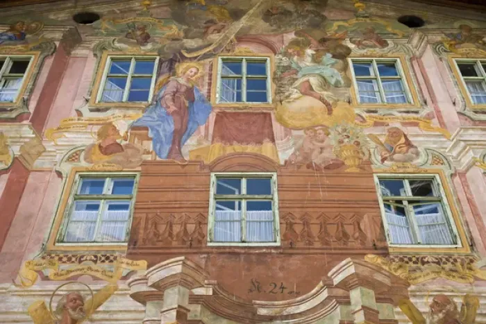 Framed Print : GERMANY, Bayern-Bavaria, Mittenwald. Sgrafito murals on buildings