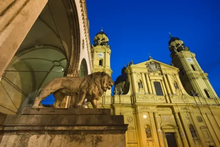 Framed Print : Germany, Bayern-Bavaria, Munich. Feldherrnhalle and Theatinerkirche St. Katejan church, evening Framed Print : Germany, Bayern-Bavaria, Munich. Feldherrnhalle and Theatinerkirche St. Katejan church, evening