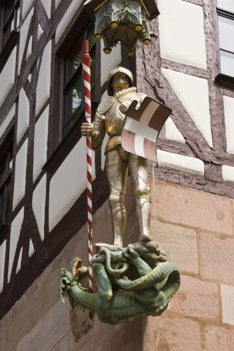 Framed Print : GERMANY, Bayern-Bavaria, Nuremberg. Tiergartnerplatz, statue of knight and dragon Framed Print : GERMANY, Bayern-Bavaria, Nuremberg. Tiergartnerplatz, statue of knight and dragon