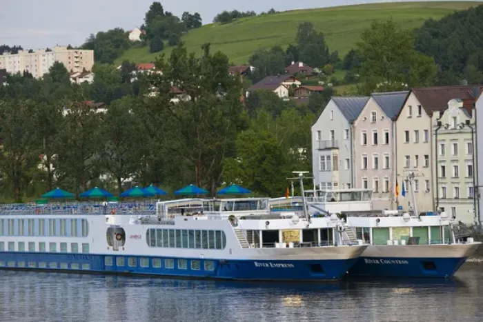Framed Print : GERMANY, Bayern-Bavaria, Passau. Cruise ships on Danube River